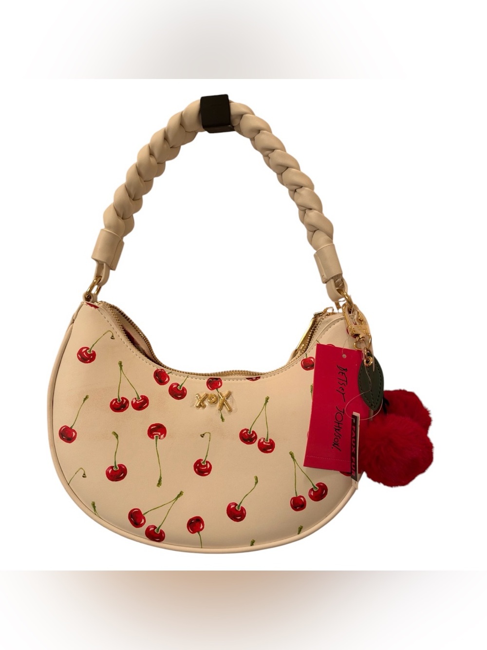 Betsey Johnson XONORTHY Small Cherry Print Woven Shoulder Bag White - NWT **